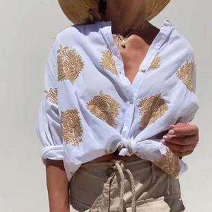 Lapel Long Sleeve Ladies Button Shirt Womens Graphic