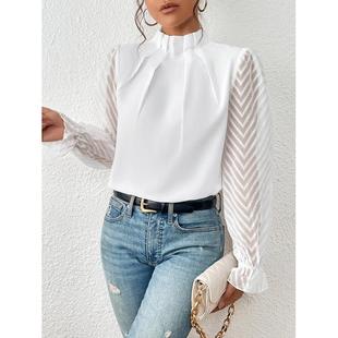 shirt chiffon womens long elegant lace tops office fashion