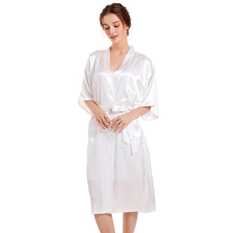 Solid color glossy nightgown bathrobe womens medium-length