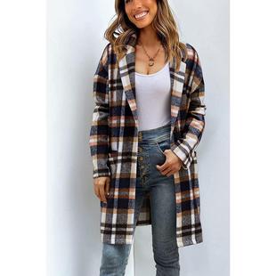 Ladies Lapel Pocket Plaid Wool Coat