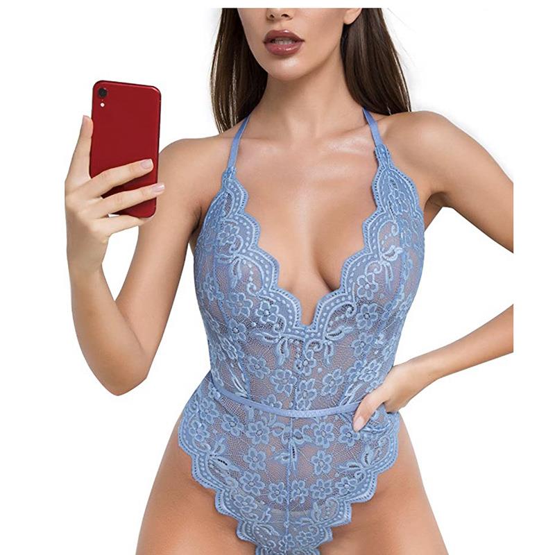 Sexy halter neck lace sexy backless lace bodysuit female
