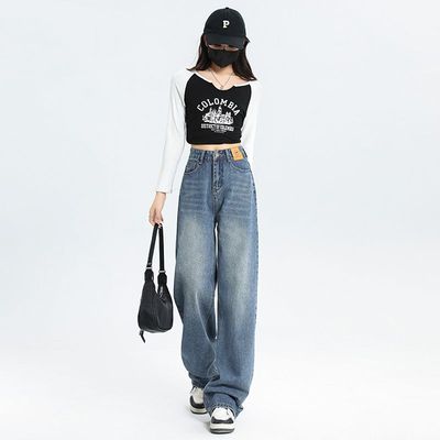 春款阔腿牛仔裤小个子女梨型身材大码胯宽大粗腿显瘦直筒高腰裤子