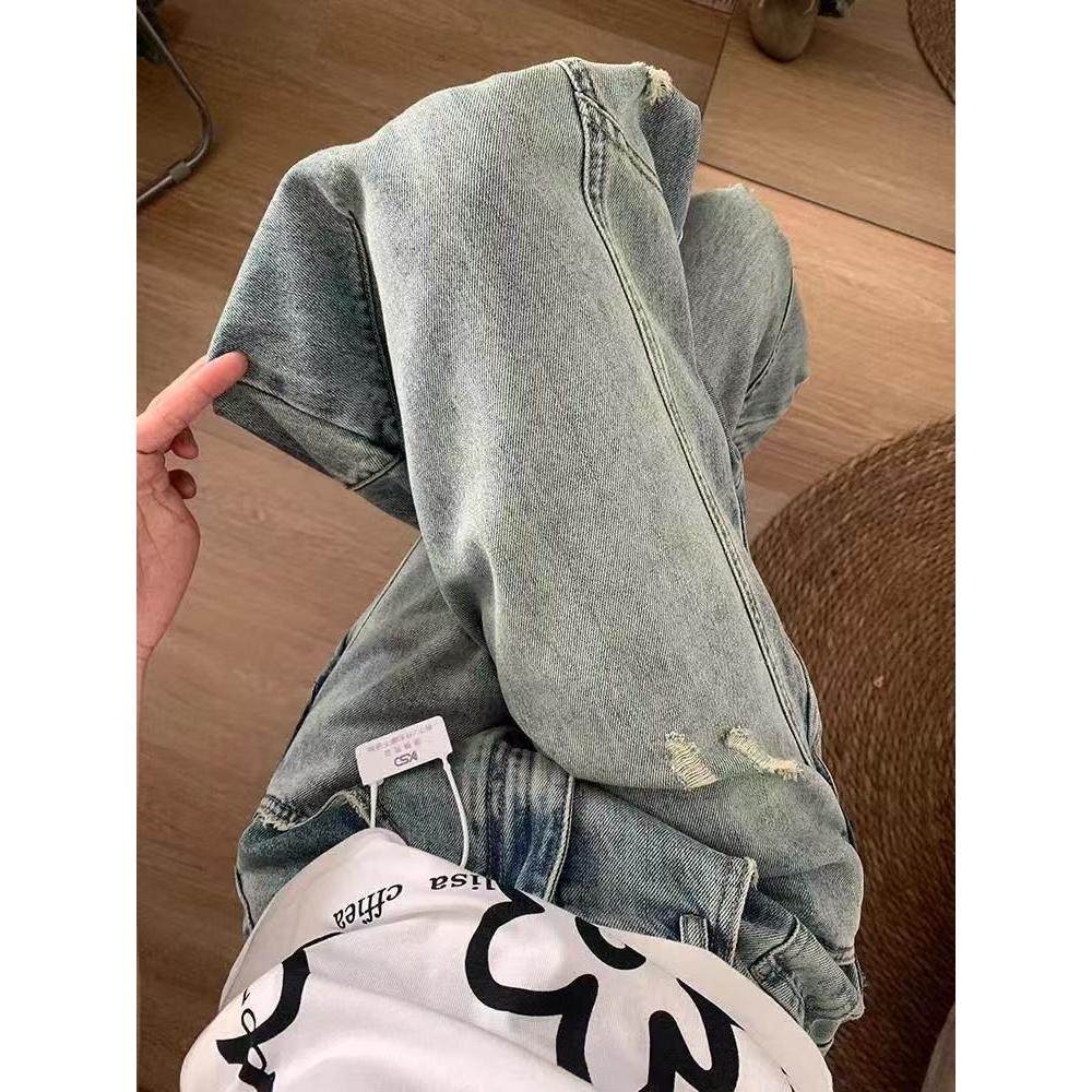 复古破洞牛仔裤女2025秋季新款特大码阔腿裤设计感显瘦美式弯刀裤,女装/女士精品,牛仔裤,淘宝优惠券,粉丝福利购,淘宝优惠卷