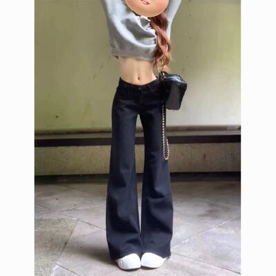 辣妹低腰微喇牛仔裤女小个子黑色显瘦拖地长裤港风微喇叭阔腿裤