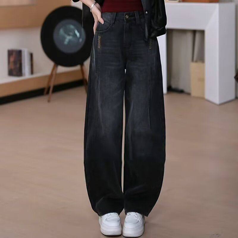 港风黑灰色复古阔腿牛仔裤女春秋大码胖MM高腰宽松显瘦拖地直筒裤,女装/女士精品,牛仔裤,淘宝优惠券,粉丝福利购,淘宝优惠卷