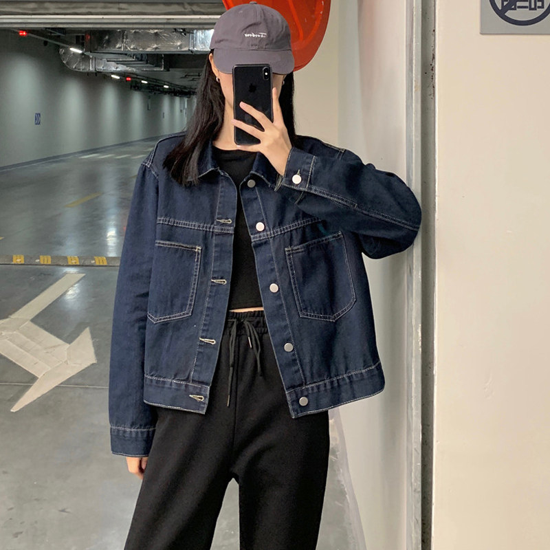 复古新款港味夹克宽松深蓝色外套潮ins衣女春秋牛仔大码工装短款,女装/女士精品,短外套,淘宝优惠券,粉丝福利购,淘宝优惠卷