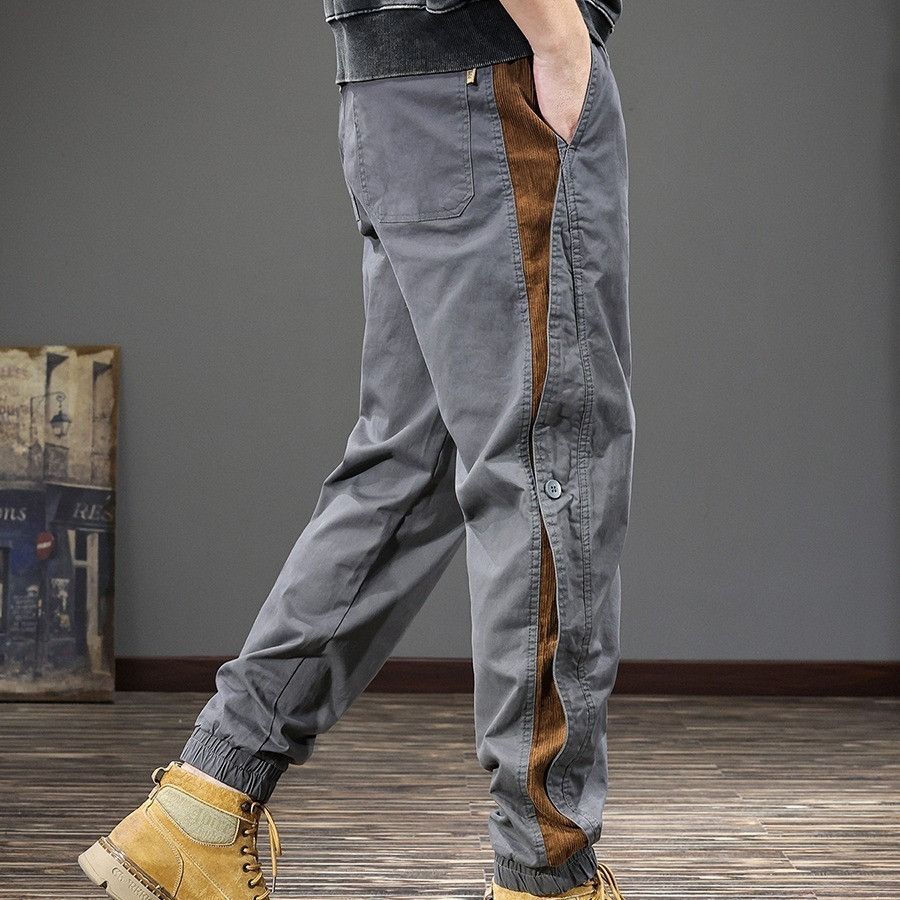 2025年秋冬季新款潮牌美式复古工装裤子束脚男士宽松休闲裤拼接哈