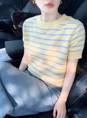实拍黄色条纹针织衫短袖T恤女修身显瘦圆领设计感小众温柔风上衣