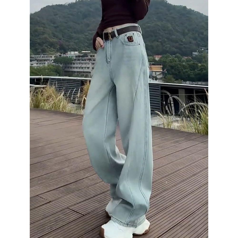 高腰显瘦浅色弯刀牛仔裤子女2025新款设计感宽松镰刀裤阔腿拖地裤