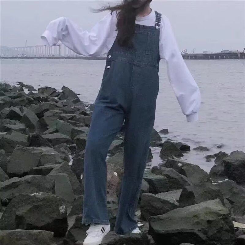 美式街头复古日系背带裤男工装阔腿连体牛仔裤男女宽松老爹吊带裤