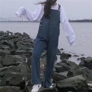 男女宽松老爹吊带裤 美式 阔腿连体牛仔裤 男工装 街头复古日系背带裤