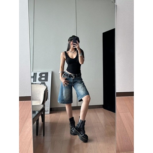 宽松显瘦百搭阔腿中裤 大码 新款 女秋季 子 胖mm复古直筒五分牛仔短裤