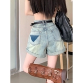 宽松阔腿短裤 大码 翻边女 新款 水洗松紧腰韩版 牛仔短裤 女2026年夏季