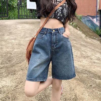 蓝色中裤五分裤女复古水洗牛仔裤夏季高腰直筒裤宽松阔腿裤短裤子