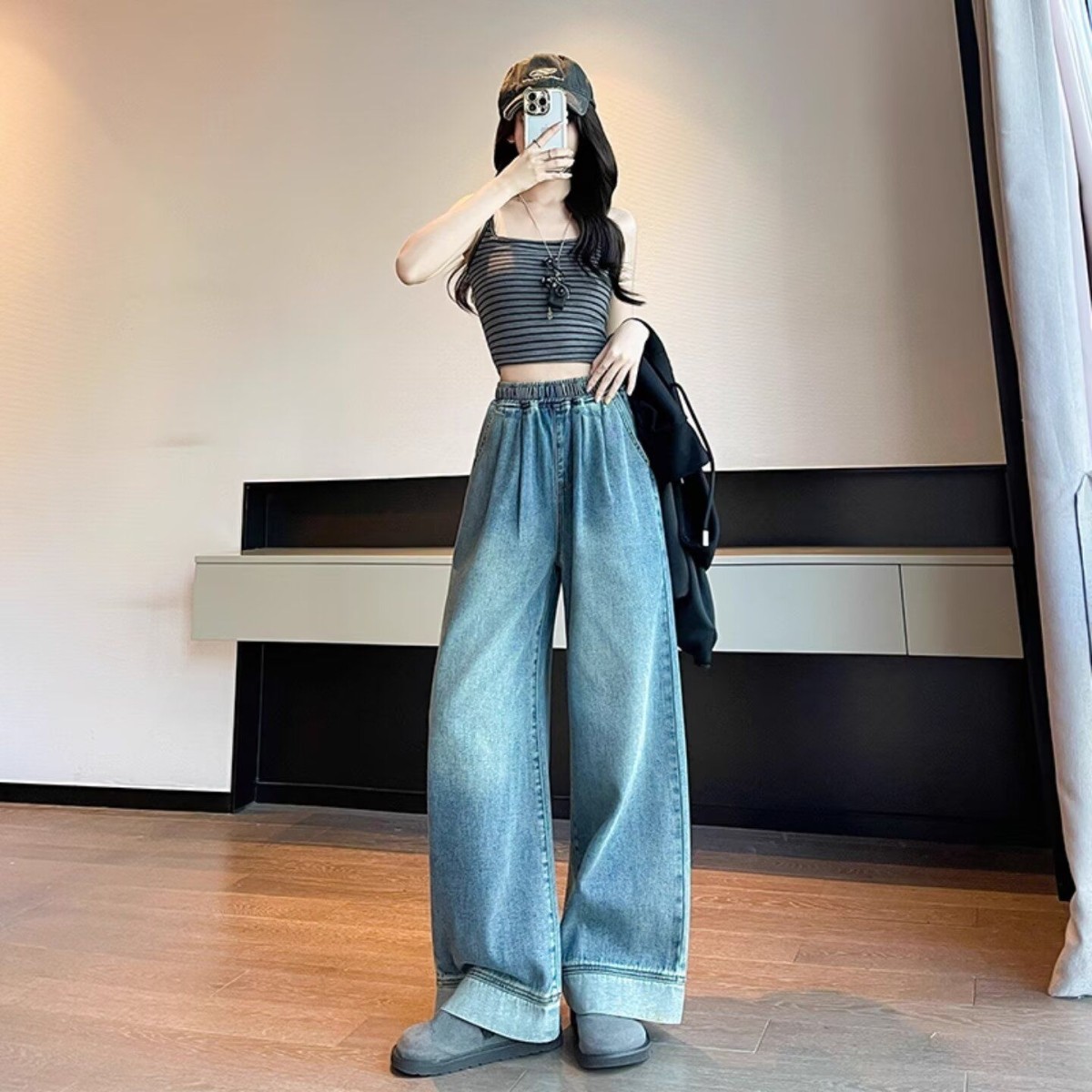 复古蓝阔腿牛仔裤女夏季高腰压褶直筒梨型身材显瘦宽松拖地奶奶裤,女装/女士精品,牛仔裤,淘宝优惠券,粉丝福利购,淘宝优惠卷