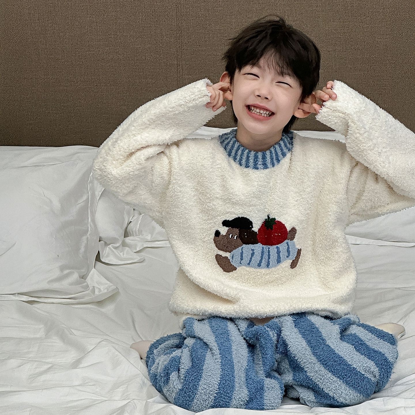 男童家居服儿童秋冬韩版童装2025蓝色小狗加厚保暖睡衣套装