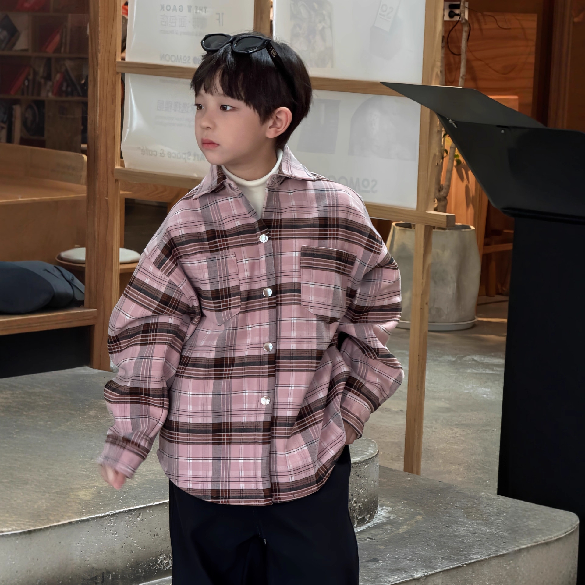 25秋冬新品韩国童装中小童男童加厚加绒粉色呢子格子衬衫外套