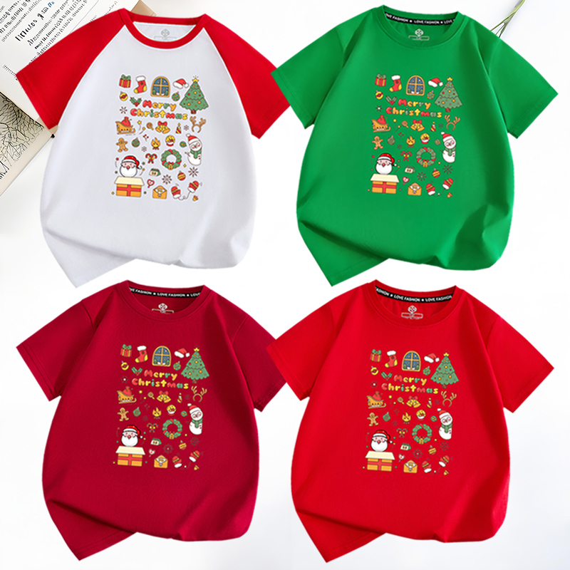Christmas圣诞老人麋鹿红色绿色圣诞节T恤男女儿童圣诞亲子装大码