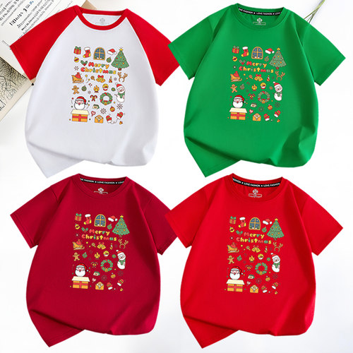 Christmas圣诞老人麋鹿红色绿色圣诞节T恤男女儿童圣诞亲子装大码
