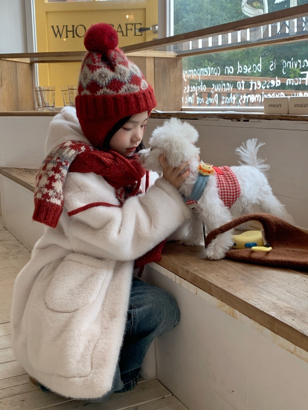 女童仿皮草毛毛棉衣大衣中长款连帽棉服加绒喇叭裤牛仔裤裤套装冬