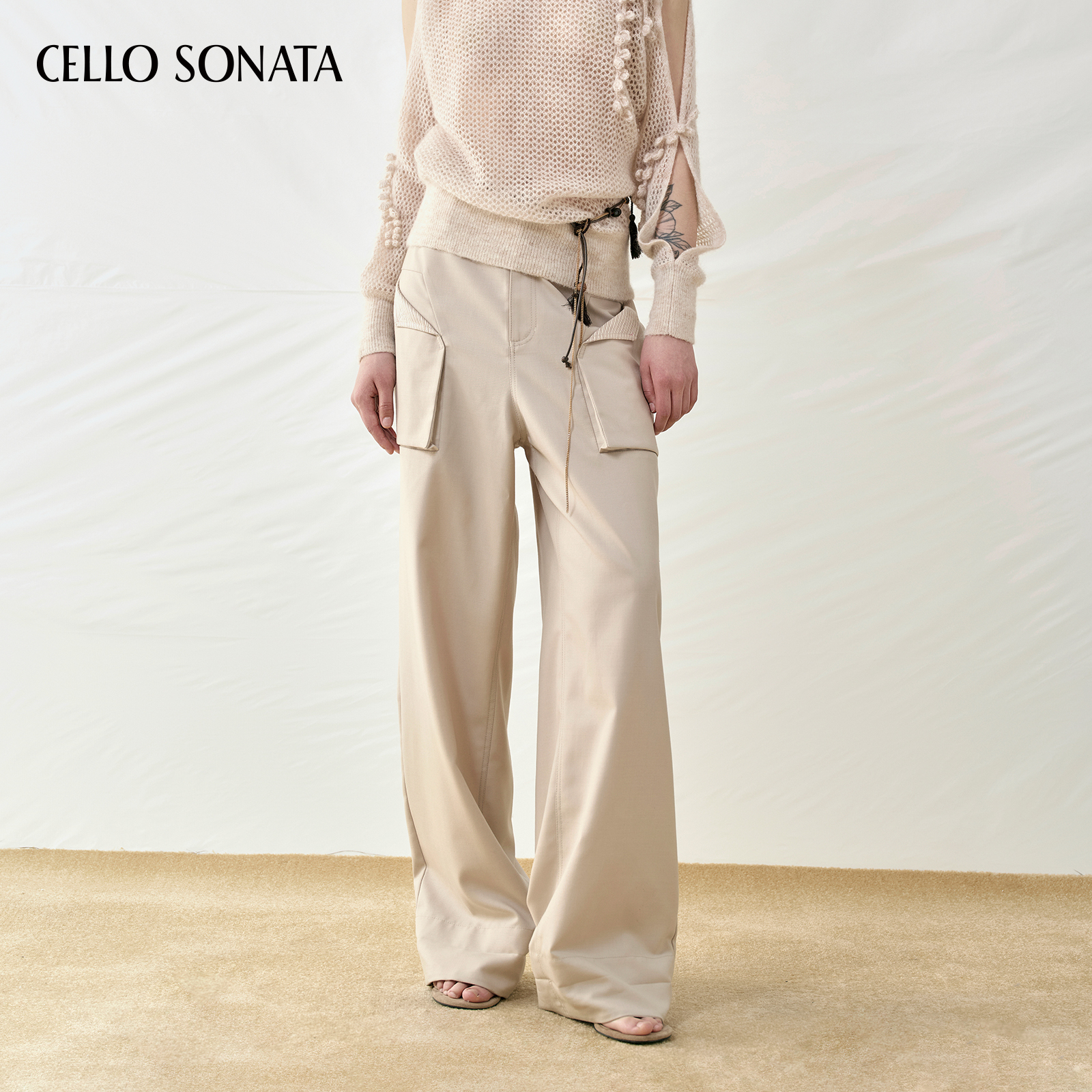【新款】Cello Sonata 25秋 卡其色阔腿裤羊毛条纹拼接休闲直筒裤