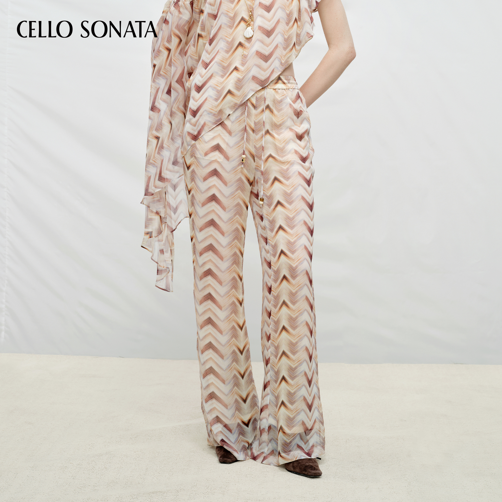 【新款】Cello Sonata 原创棕色系波纹印花人丝皱微喇长裤休闲裤