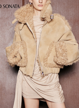 Cello Sonata秋冬款 卡其色通勤保暖百搭皮草外套拼接宽松夹克