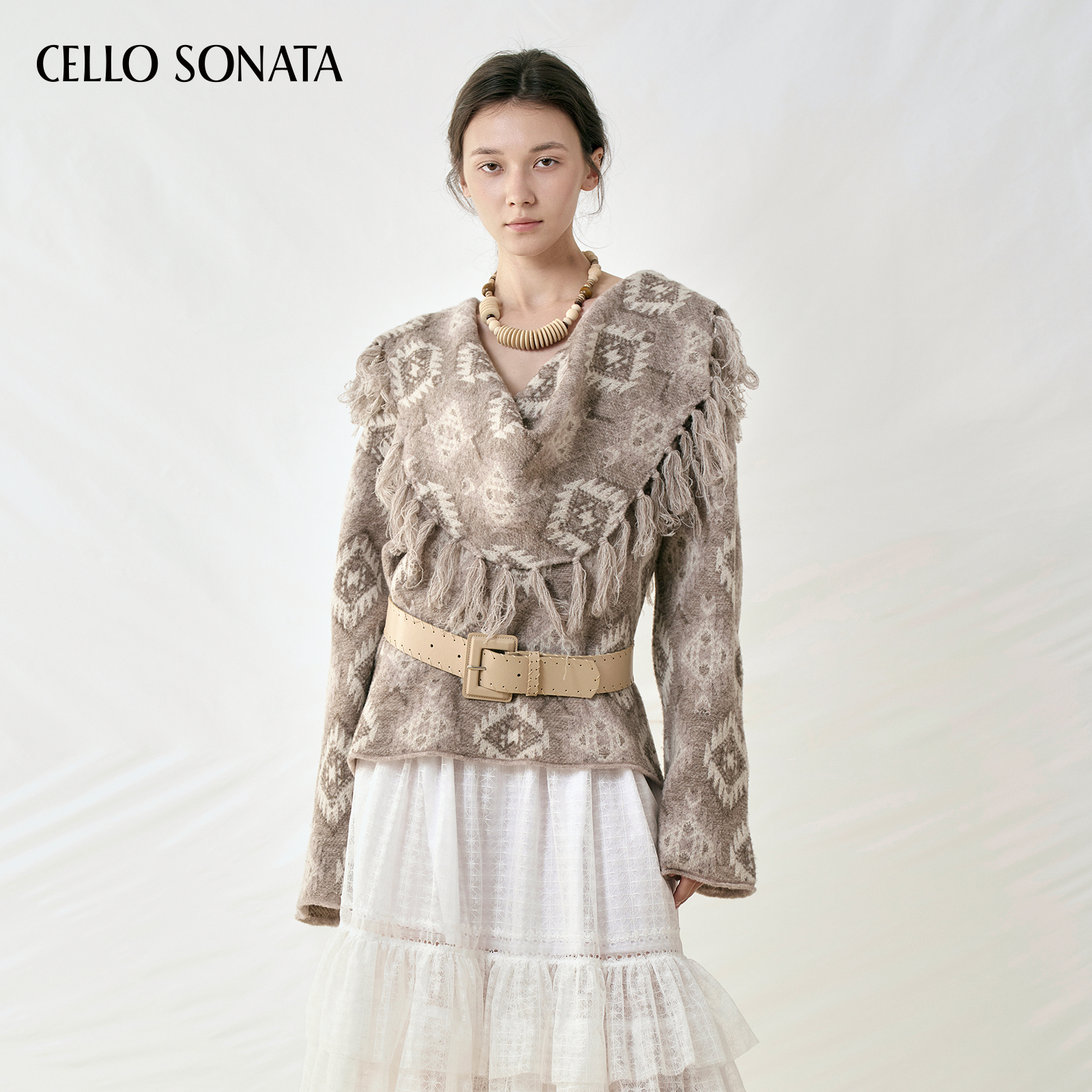 【新款】Cello Sonata 25秋 法式复古针织毛衣荡领流苏提花上衣女