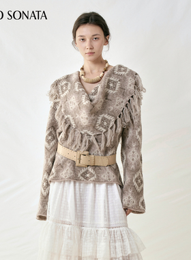 【新款】Cello Sonata 25秋 法式复古针织毛衣荡领流苏提花上衣女