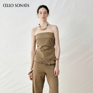 25秋 Sonata Cello 复古灰绿背心游牧风麂皮雕花女士抹胸 新款