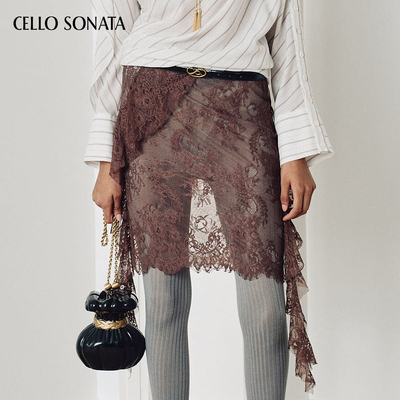 【新款】Cello Sonata 26秋 深棕色不规则荷叶边飘带蕾丝半裙