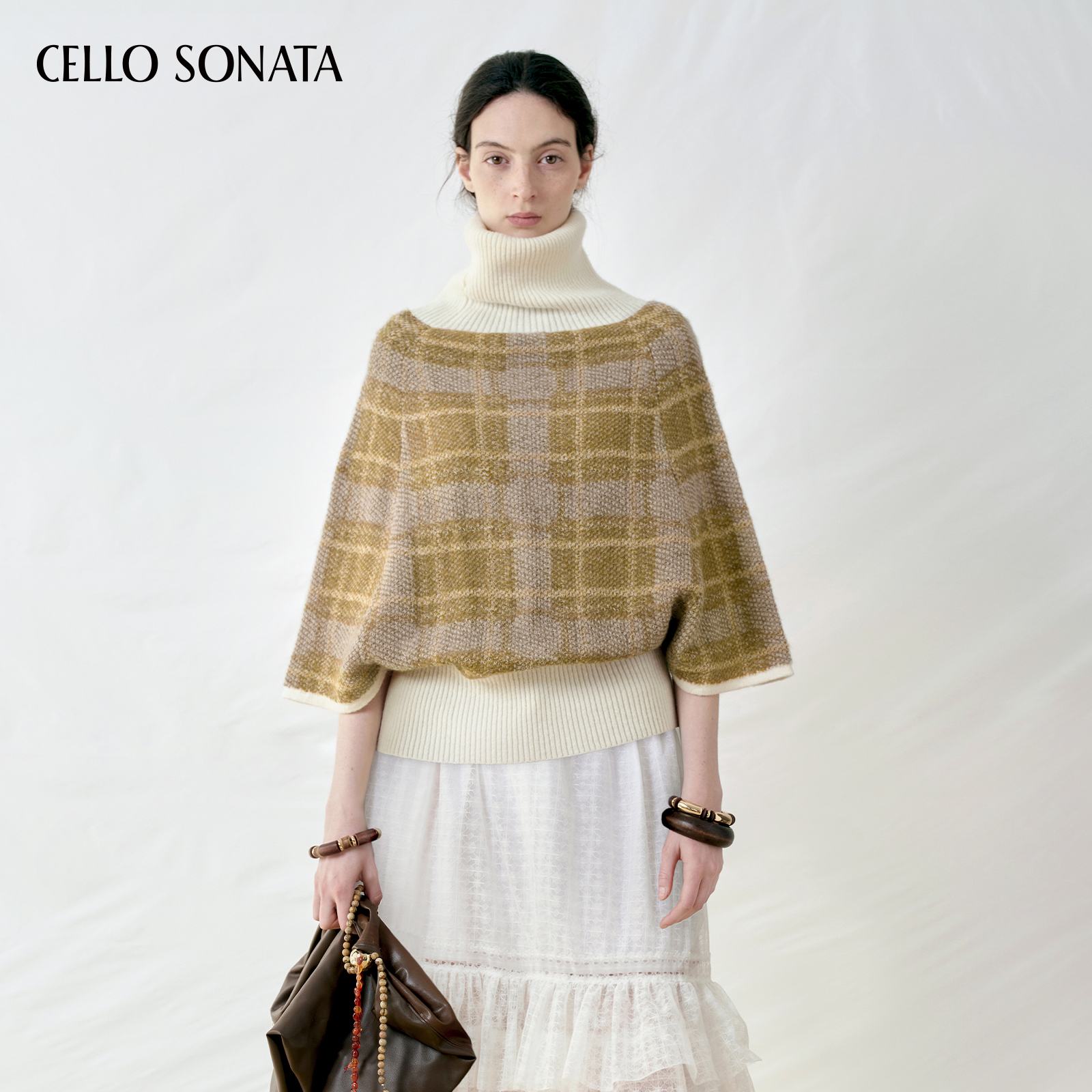 【当然是当同款】Cello Sonata25冬斗篷针织上衣格纹休闲高领毛衣