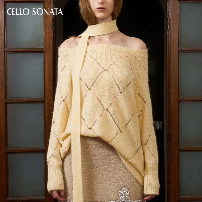 cellosonata针织飘带一字领上衣