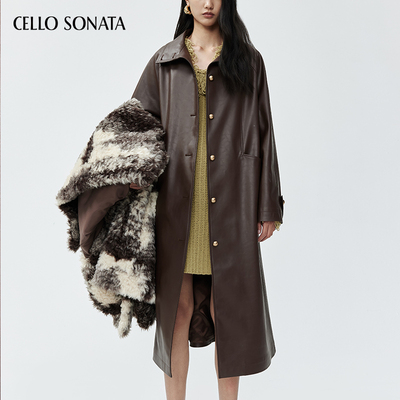 Cello Sonata秋冬新款 复古日常通勤波尔多红长款皮风衣百搭外套