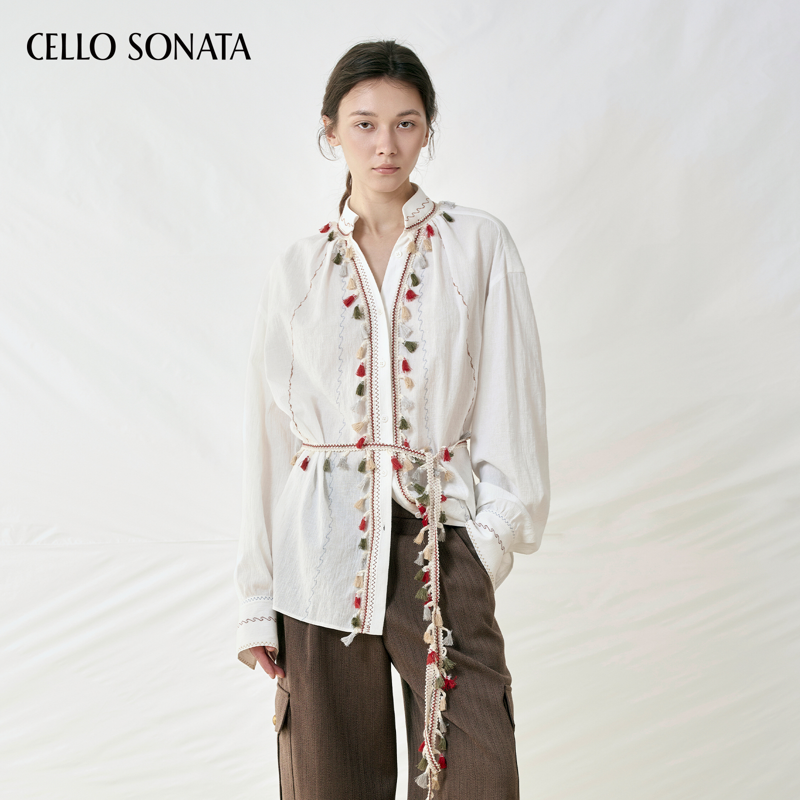 【新款】Cello Sonata 25秋 白色纯棉民族风重工刺绣衬衫织带上衣