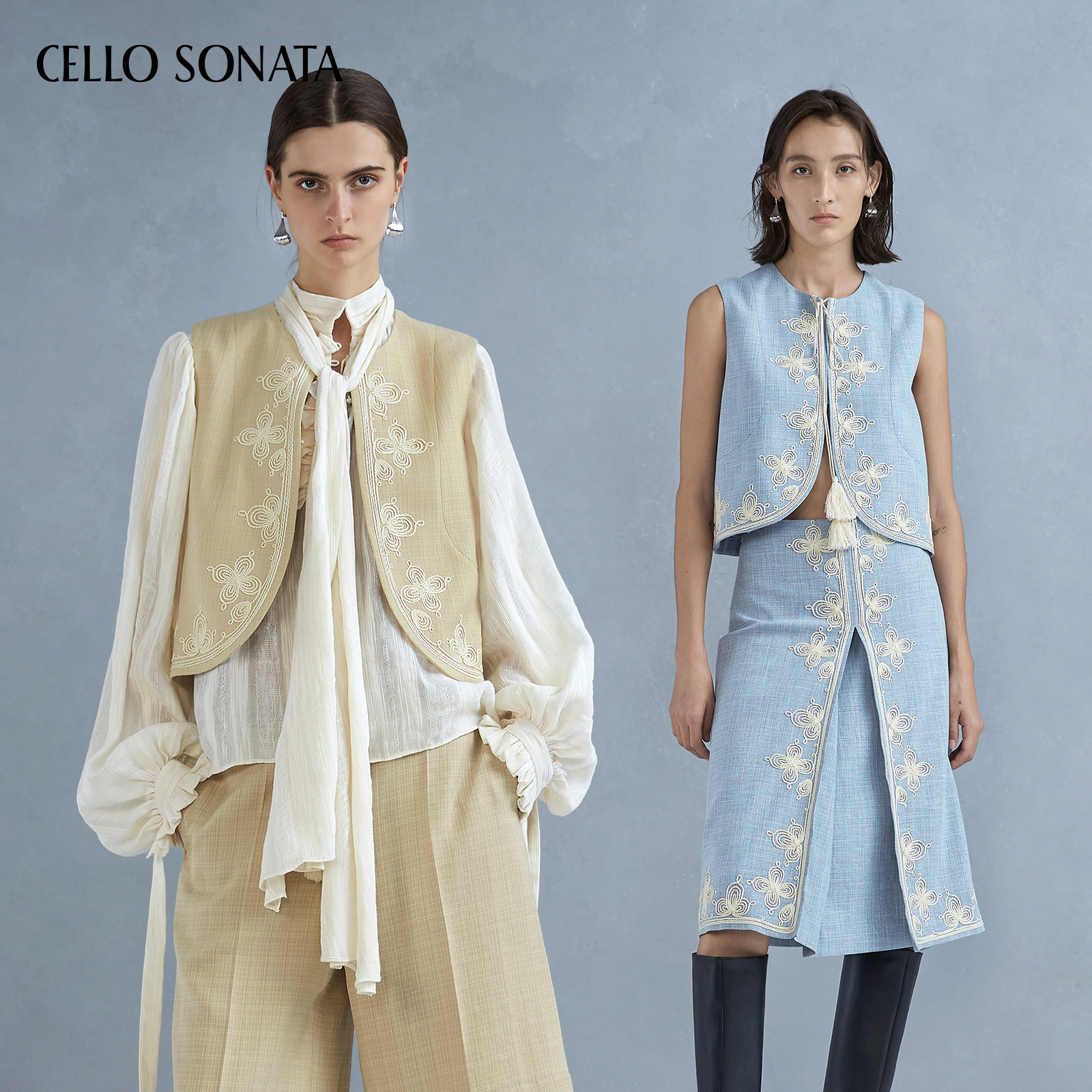 Cello Sonata25春夏新款 醋酸盘带绣系带马甲法式宫廷风刺绣上衣