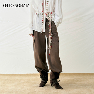 Sonata Cello 25秋 羊毛色织暗条纹休闲阔腿休闲工装 女 裤 新款