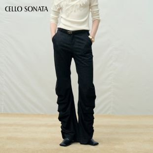 新款 黑色直筒褶皱休闲长裤 Cello 25秋 堆褶喇叭牛仔裤 Sonata