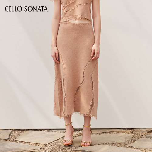 Cello Sonata春夏新品 橘色不规则镂空针织半裙