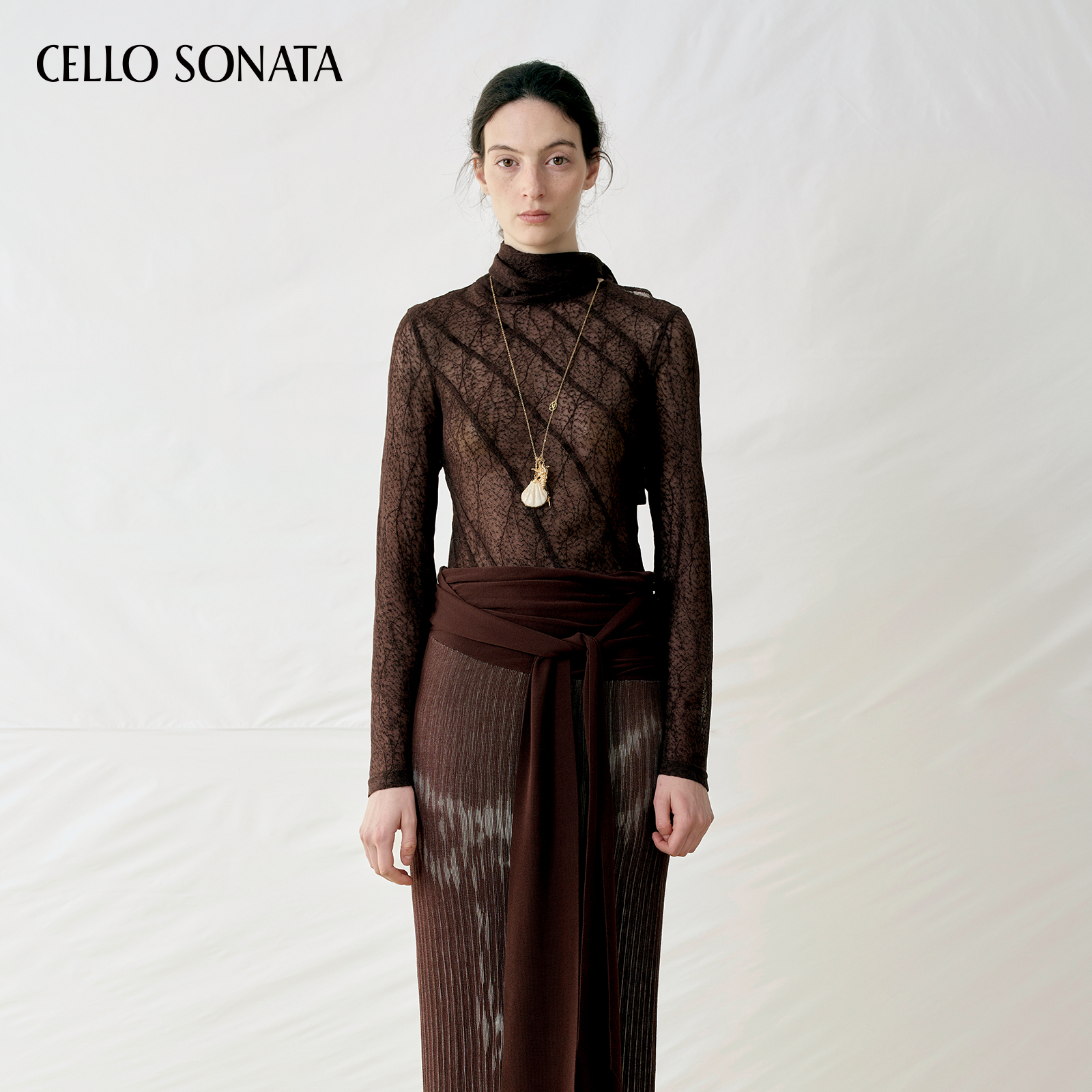 【新款】Cello Sonata 25秋 设计感红棕色T恤蕾丝打底长袖上衣女