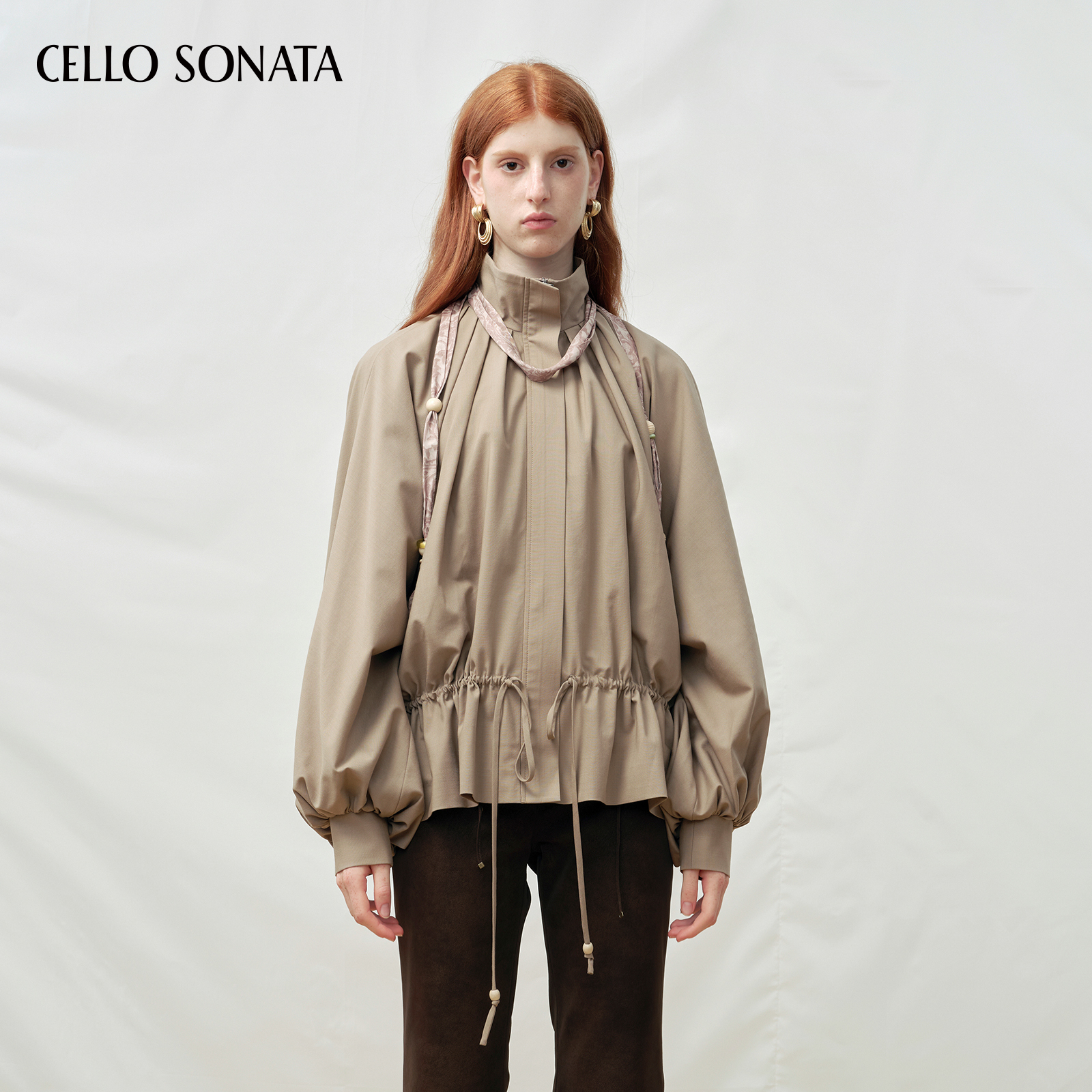 【当然是当同款】Cello Sonata25秋通勤宽松木珠丝巾收腰外套夹克