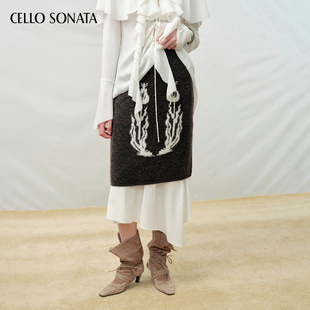 新款 羊毛法式 Cello 25秋 不规则下摆花朵图案半身裙女 Sonata