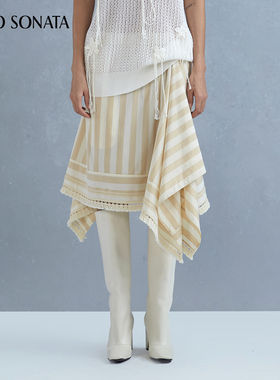 Cello Sonata25春夏新款 卡其条纹不规则裙摆半裙提花拼接短裙
