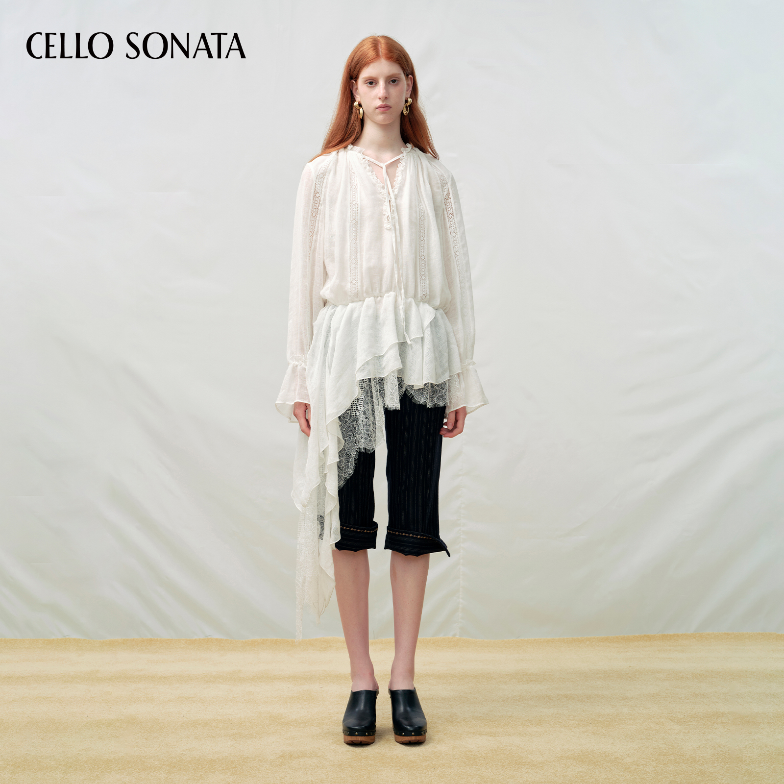 【新款】Cello Sonata 25秋 白色设计感法式木耳边不对称连衣裙女