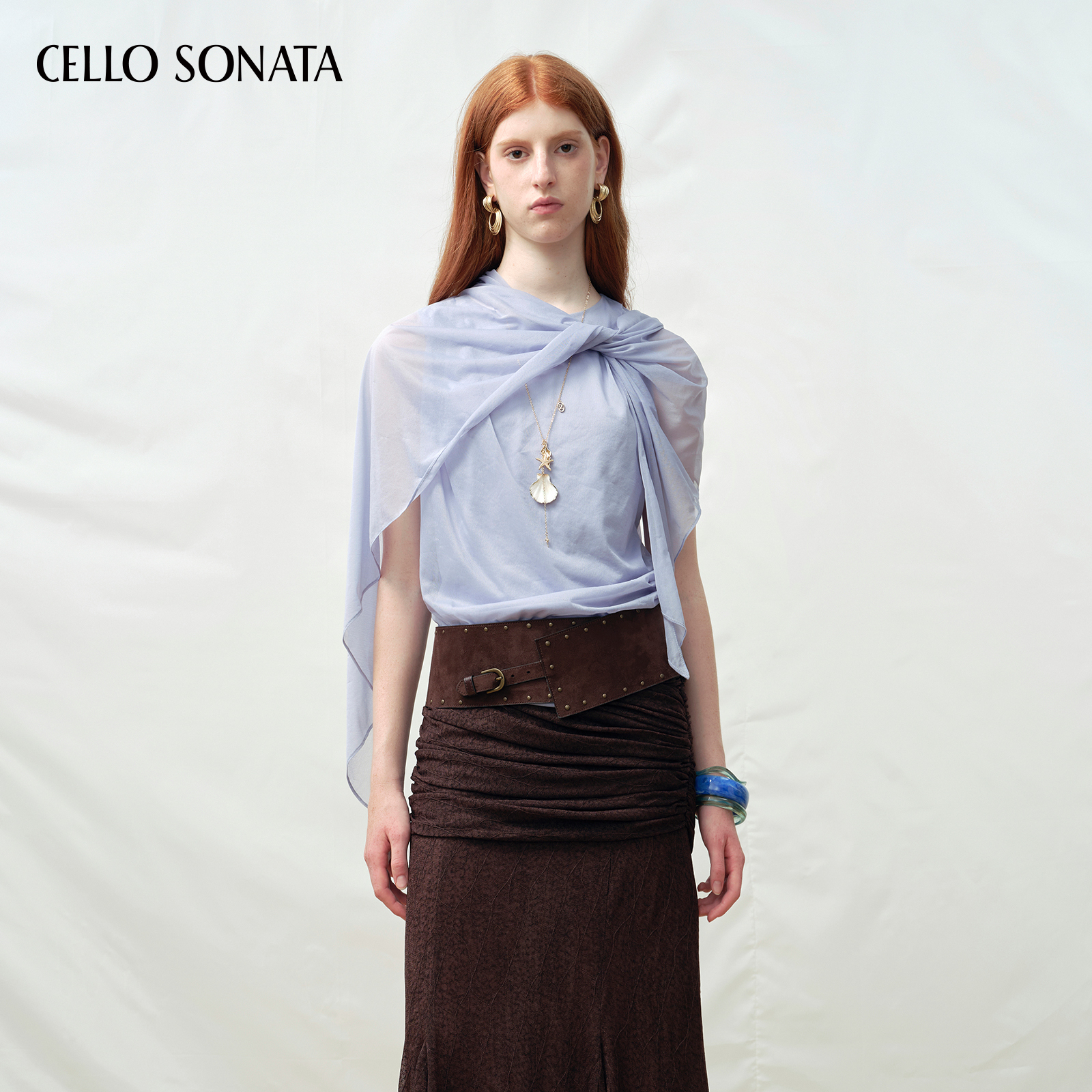 【新款】Cello Sonata 25秋 蓝色薄纱无袖褶皱抽皱披肩T恤上衣女