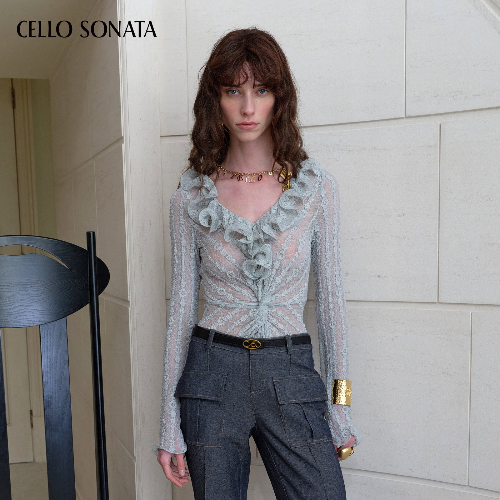 【新款】Cello Sonata 26春 V领长袖蕾丝低领荷叶边连体衣裤修身,女装/女士精品,连体衣/裤,淘宝优惠券,粉丝福利购,淘宝优惠卷