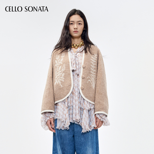 新款 刺绣短款 Cello 25秋十字绣花宽松羊驼毛开衫 外套 Sonata
