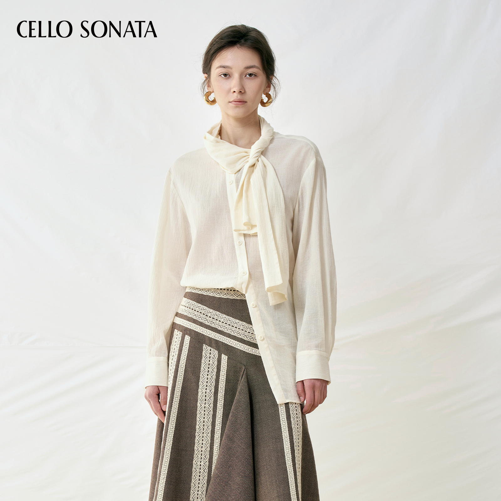 【新款】Cello Sonata 25秋 设计感通勤衬衫米白色不对称飘带上衣