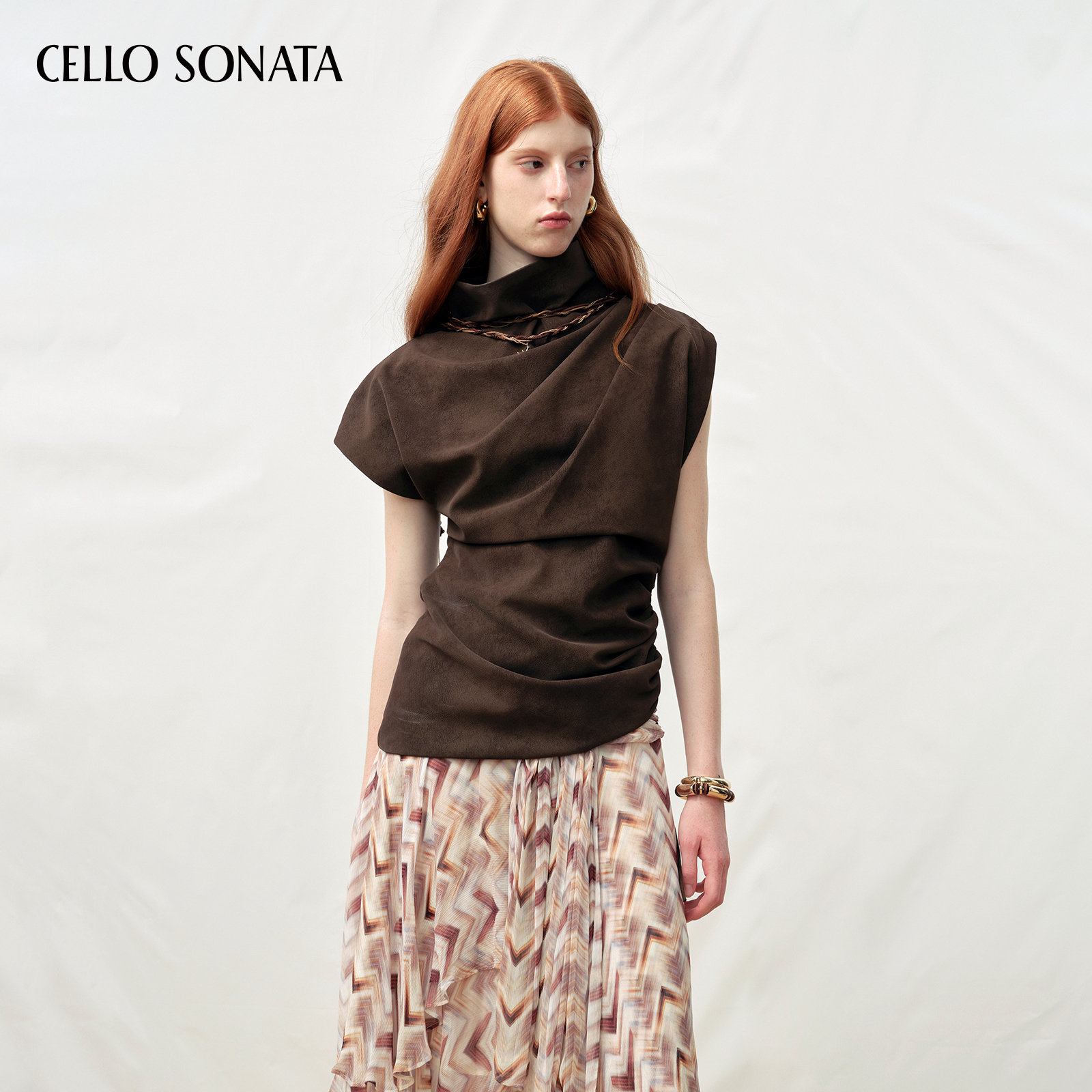 【新款】Cello Sonata 25秋 不规则仿麂皮垂褶抽绳高领上衣T恤女