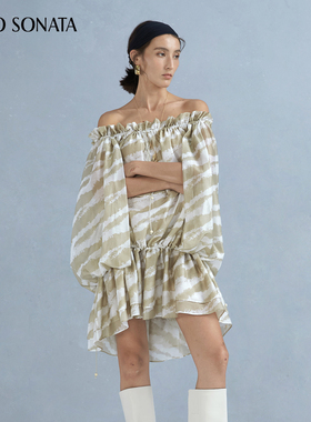 Cello Sonata25春夏新款 斑马印花天丝铜氨丝一字肩短款连衣裙